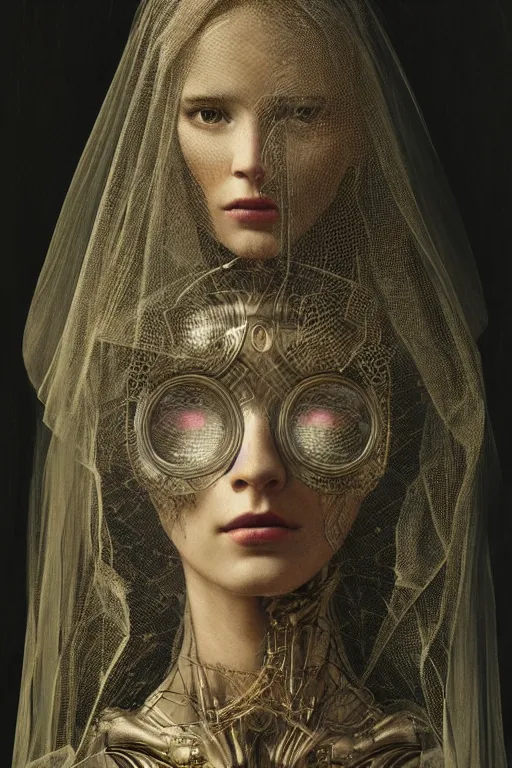 Prompt: a beautiful ultradetailed vintage photo of a veiled cybernetic cyborg, by tom bagshaw and james christensen, embroidered lace chapel veil, portrait, cybernetic implants, vignette, 3 5 mm lens, golden ratio composition, detailed face, studio photography, very detailed, humanoids, mechanical robotic armor, masterpiece!, artstation, 8 k, highly coherent
