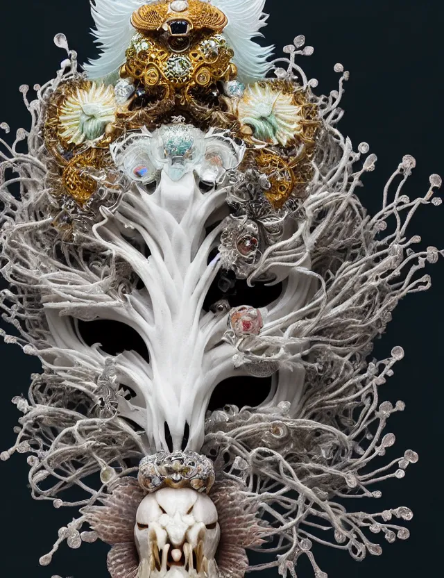 Image similar to goddess macro close - up portrait wigh crown made of ram skull. beautiful intricately detailed japanese crow kitsune mask and clasical japanese kimono. betta fish, jellyfish phoenix, bioluminiscent, plasma, ice, water, wind, creature, super intricate ornaments artwork by tooth wu and wlop and beeple and greg rutkowski