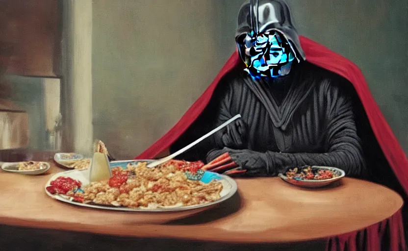 Prompt: Darth sitting at the table with a spoon in his hand looking at his cereal, 8k