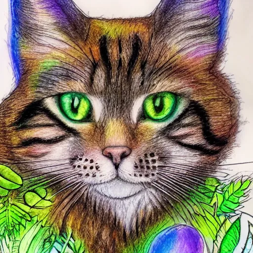 Image similar to Accurate and realistic representation of a cat in a magical dense, lush forest filled with wisdom, love, and courage.. Epic composition. Harmonic colored disposition, expertly blended and shaded. HD. 8k. 4.k HQ. UHD . Colored pencils and color inks on two joined sheets of paper