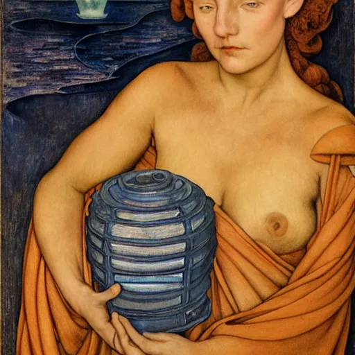 Image similar to dawn with her lantern, annie swynnerton diego rivera and evelyn de morgan and lucien freud and jean delville, symbolist, dramatic lighting, elaborate geometric ornament, art brut, soft pastel colors, smooth sharp focus, extremely detailed, adolf wolfli, leo and diane dillon, nicholas roerich, donato giancola and gaston bussiere