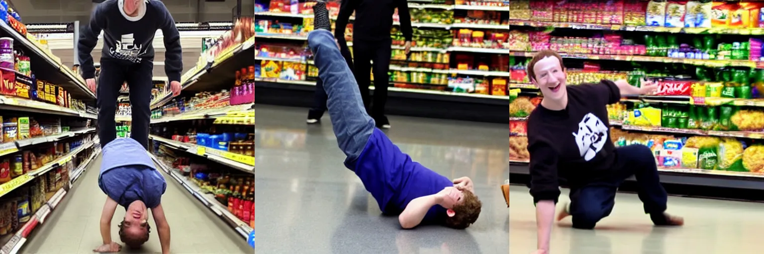 Prompt: Mark zuckerberg breakdancing in a supermarket