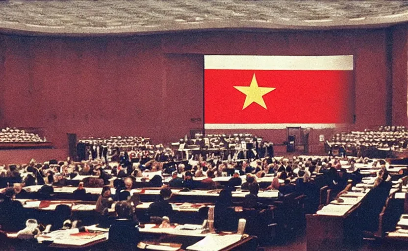 Image similar to 60s movie still of a giant stalinist style sovietic parlement with a giant USSR flag, by Irving Penn , cinestill 800t 35mm eastmancolor, heavy grainy picture, very detailed, high quality, 4k, HD criterion, precise texture, panoramic, cinematic