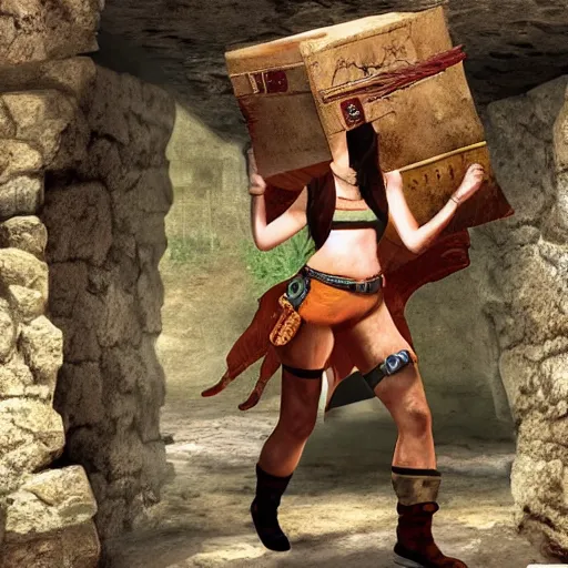 Image similar to A turkey wearing a Lara Croft outfit raiding a tomb for the ancient turkey artifact, videogame promotional artwork