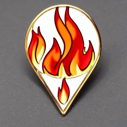Image similar to a diamond enamel pin depicting a minimalistic illustration fire flames warning label, smooth curves