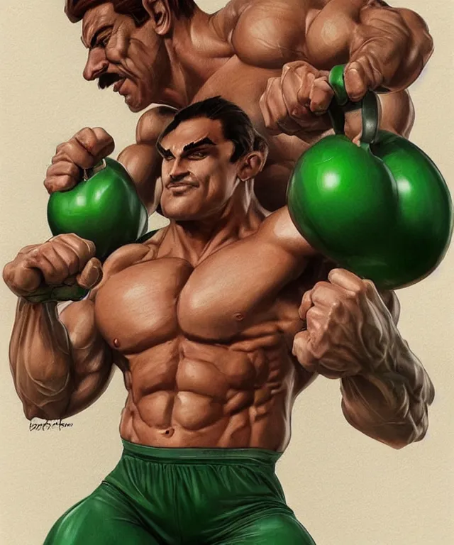 Image similar to muscular luigi wearing a green jumpsuit pumping iron in a dingy gym by ilya kuvshinov, bodybuilder ernest khalimov, super mario bros symmetrical face concept art, hyper realistic, intricate, elegent, highly detailed, digital painting, concept art, smooth, sharp, focus, illustration, art by artgerm and greg rutkowski and alphonse mucha, artstation