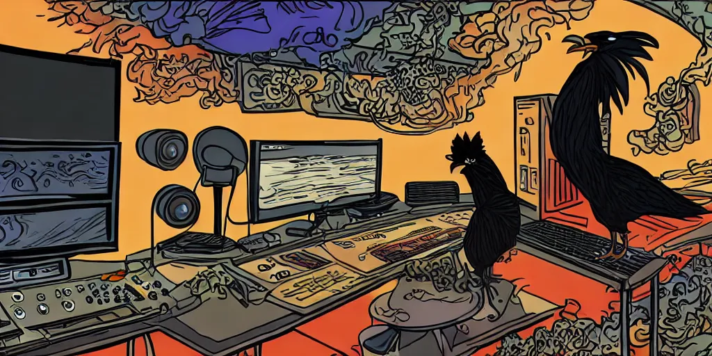 Image similar to 'black chicken'!!! smoking 'cannabis'!!!!!! in front of 'audio console'!!!! and 'multi monitors'!!!! 'in a hi-tech tv broadcasting studio'!!!!, artwork by James Gilleard