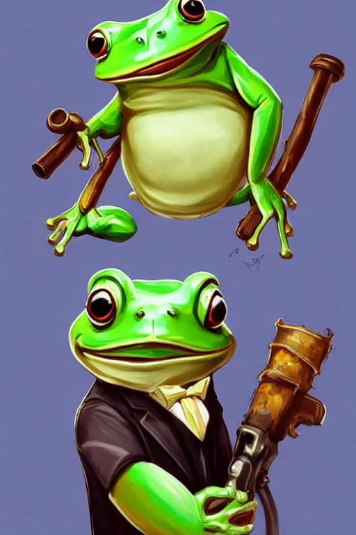 Image similar to cute anthropomorphic frog wearing a fancy suit , tuxedo and holding a chainsaw ,tiny, small, miniature frog, baby animal, short, pale blue armor, cute and adorable, pretty, beautiful, DnD character art portrait, matte fantasy painting, cgsociety Artstation, by Jason Felix by Steve Argyle by Tyler Jacobson by Peter Mohrbacher, cinematic lighting