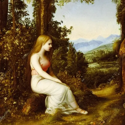 Prompt: a girl lost in a forest, castel in the background, renaissance