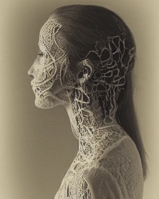 Image similar to a woman's face in profile, made of intricate decorative lace leaf skeleton, in the style of the dutch masters and gregory crewdson, dark and moody