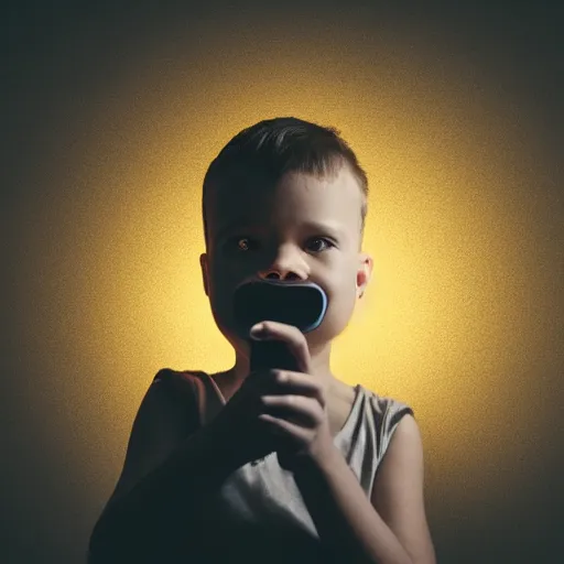 Image similar to a small child holding a flashlight to his face, dark background, vignette, clear photorealistic