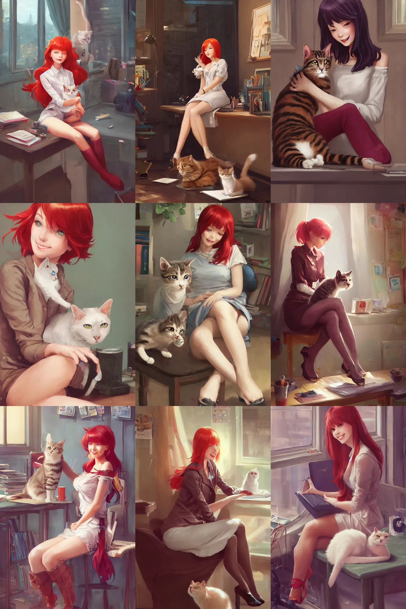 Prompt: a beautiful egirl sitting in her office petting a cat in her lap | | cute - fine - subtle smile, face, red hair, pretty face, fine details by stanley artgerm lau, wlop, rossdraws, james jean, andrei riabovitchev, marc simonetti, and sakimichan, trending on artstation