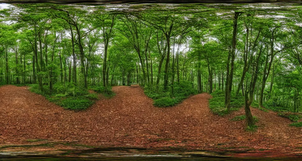 Prompt: A panoramic 360 landscape photo of beautiful forest pathway scenery. PROMPT, XF IQ4, 150MP, 50mm, f/1.4, ISO 200, 1/160s, natural light, Adobe Photoshop, Adobe Lightroom, DxO Photolab, Corel PaintShop Pro, rule of thirds, symmetrical balance, depth layering, polarizing filter, Sense of Depth, AI enhanced