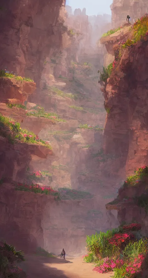 Prompt: canyon, ground filled with flowers, camel traders walking through, artstation