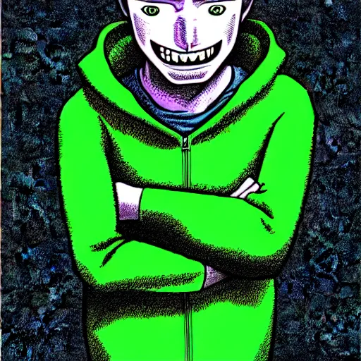 Image similar to portrait of programmer with green hood by junji ito