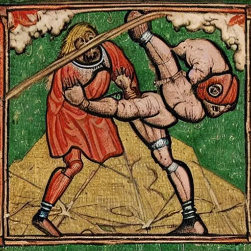 Prompt: A wrestling match in the medieval ages, highly detailed illustration