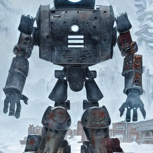 Prompt: the iron giant in war mode standing in the snow, highly detailed, steam punk, midjourney, 70's sci-fi, deep aesthetic, 4k, highly ornate intricate details, rich colors, digital artwork, symmetrical, ray tracing,