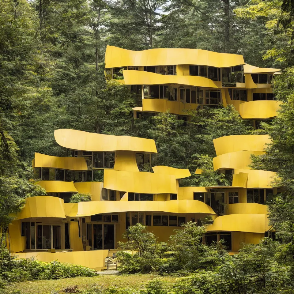 Image similar to architecture ad for a flat mid-century modern house in the forest, designed by Frank Gehry. Big Tiles. Film grain, cinematic, yellow hue