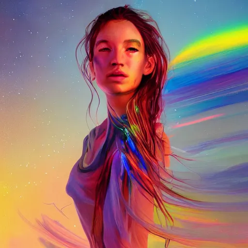 Prompt: colorful character portrait of a woman in a dark desert lit by the stars, wispy flowing hair, highly detailed face, very intricate, symmetrical, cinematic lighting, award - winning epic painting, painted by mandy jurgens, pan futurism, dystopian, bold colors, dark vibes, cyberpunk, groovy vibe, anime aesthetic, featured on artstation