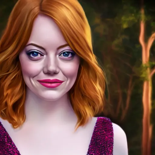 Image similar to emma stone as a disney princess, professional studio lightening, volumetric lightening, photorealism