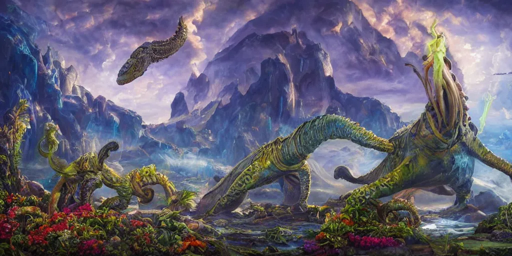 Image similar to fantasy oil painting, great leviathan, cybernetic turtle cephalopod terrapin reptilian pachyderm squid, bella hadid, hybrid, milla jovovich, anubis, epic natural light, lush plants flowers, spectacular mountains, bright clouds, luminous sky, outer worlds, golden hour, michael cheval, edward hopper, michael whelan, vray, hd