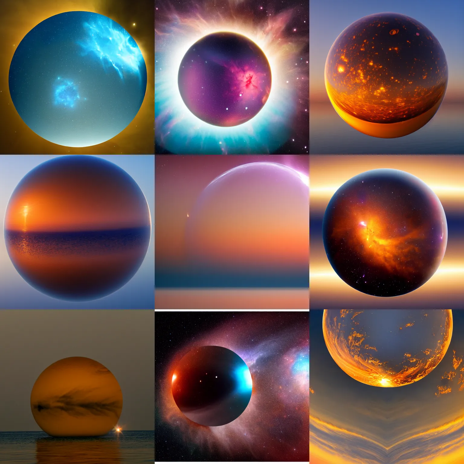 Prompt: a nebula in a sphere : : the sphere is floating on a calm ocean at the golden hour, high resolution, uplight