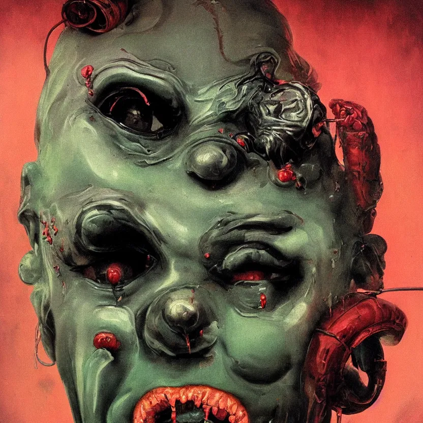 Prompt: baroque neoclassicist close - up portrait of a retrofuturistic horror clown dripping in toxic slime. dark black background, glowing atmosphere. highly detailed science fiction painting by norman rockwell, frank frazetta, and syd mead. rich colors, high contrast, gloomy atmosphere. trending on artstation and behance.