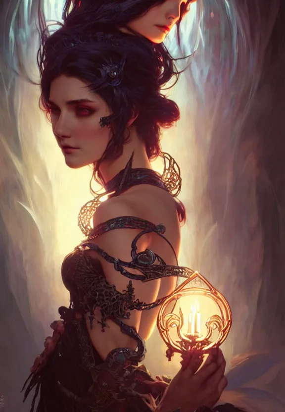 Image similar to Necromancer Sorceress in center, fantasy magic, undercut hairstyle, dark light night, intricate, elegant, sharp focus, illustration, highly detailed, digital painting, concept art, matte, art by WLOP and Artgerm and Greg Rutkowski and Alphonse Mucha, masterpiece