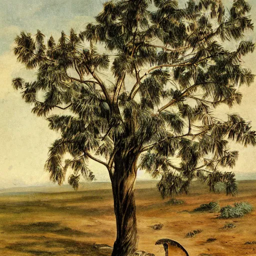 Image similar to An artwork of a velociraptor by a tree, paleo art