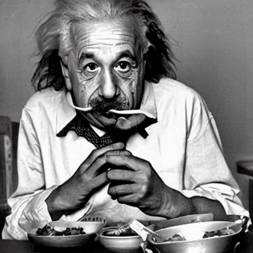 Prompt: Albert Einstein sucking noodles with his mouth,