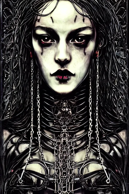 Image similar to dreamy gothic girl, black leather slim clothes, chains and metal parts, detailed acrylic, grunge, intricate complexity, by dan mumford and by alberto giacometti, peter lindbergh