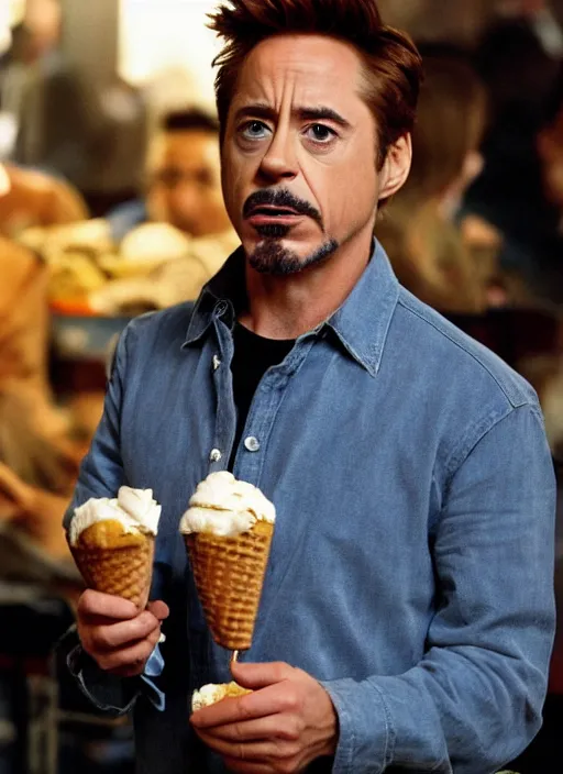 Prompt: a full portrait photo of robert downey jr eating ice cream in movie iron man, f / 2 2, 3 5 mm, 2 7 0 0 k, lighting, perfect faces, award winning photography.