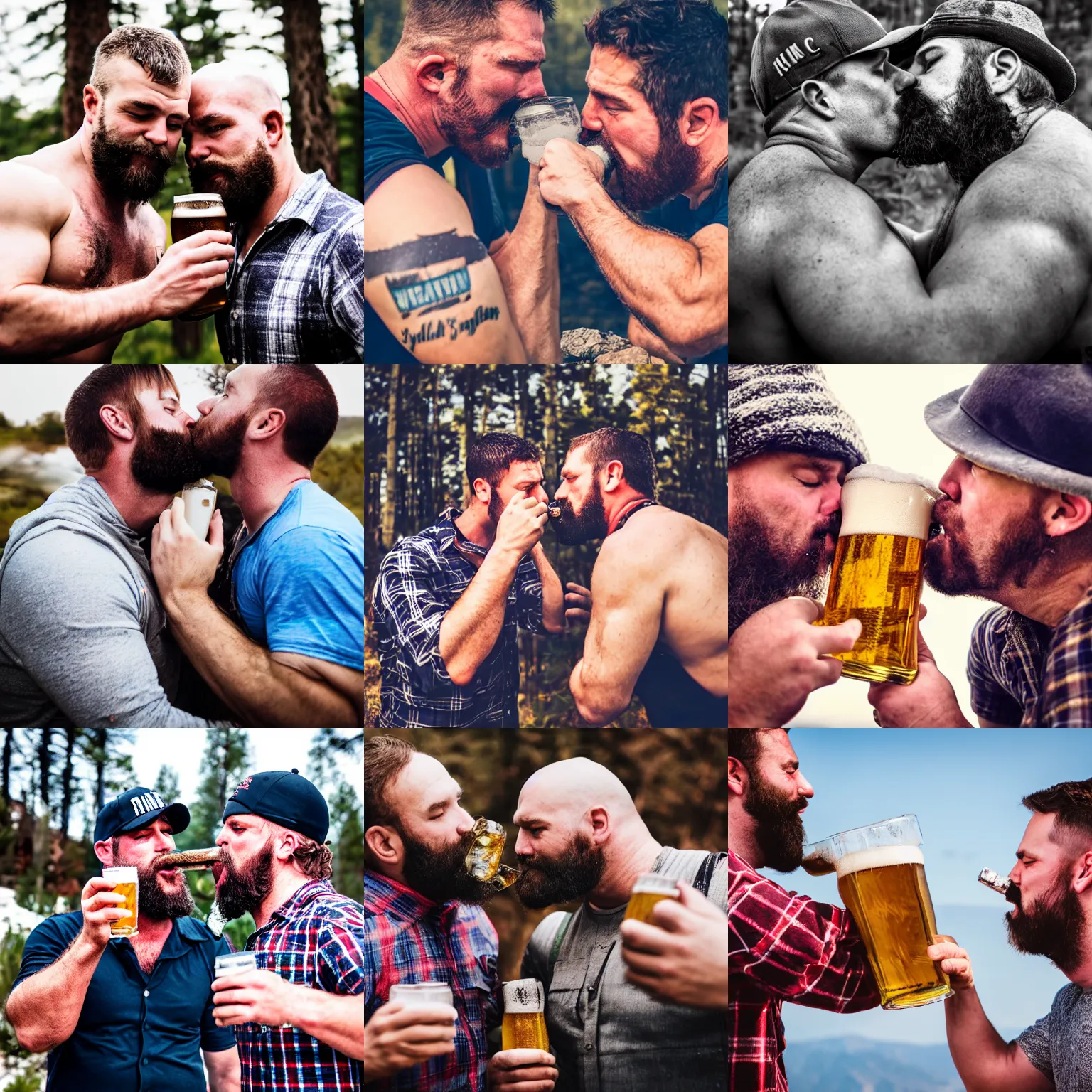 Prompt: mountain lumberjack strongmen kissing and drinking beer, dad energy, wholesome, brotherhood, photography, high resolution, very detailed, clear, smooth, manly, epic