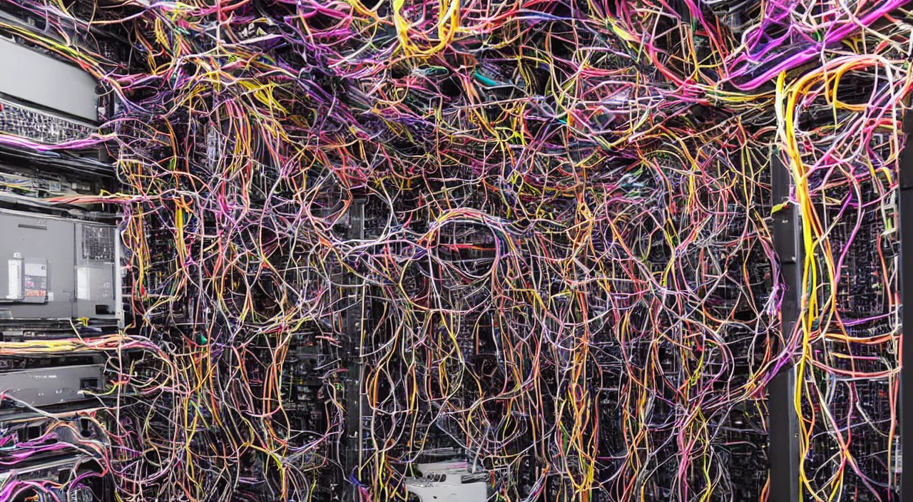 Prompt: broken corrupted server rack computer crypto mining data center servers equipment red, magenta, orange, yellow, pink, purple color coded wires and cables, blinking led status lights and indicators, chaotic 5 5 mm photography detailed footage