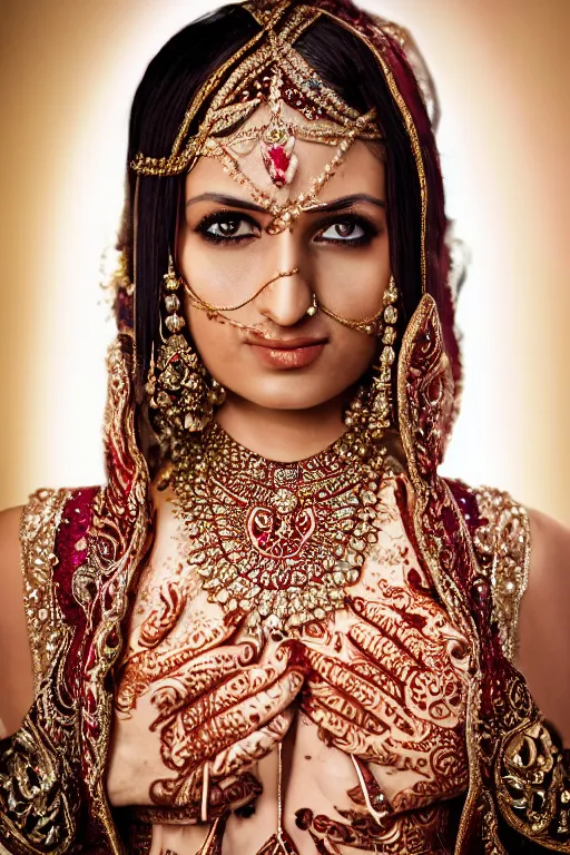 Image similar to a portrait of an indian bride, intricate henna tattoos and jewelery, dynamic pose, close - up, intricate details, intricately detailed clothing and textures, warm lighting, vivid colors, realistic octane render, hyper realistic render, volumetric shading, depth of field, raytracing, 8 k,