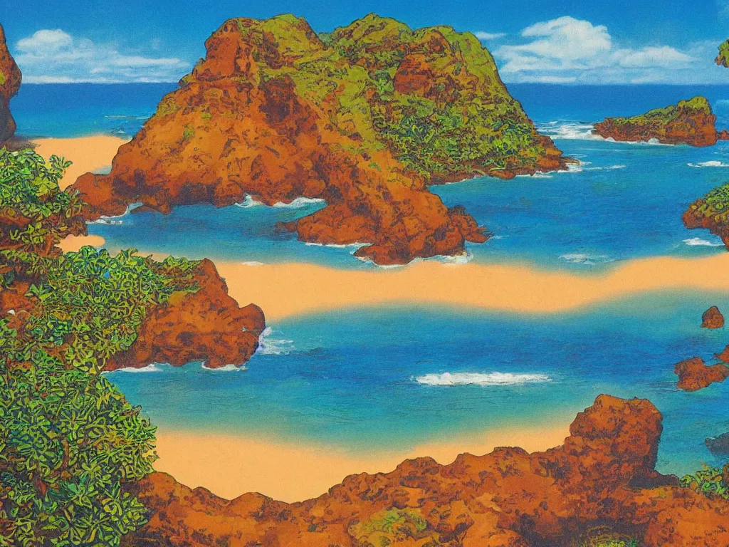 Image similar to 1980s Fantasy, Kauai, Hidden lava rock beach lagoon vista, Sunlight Study, by John Stevens and (((((Lisa Frank))))), Art Nouveau, 8k, extreme detail, sharp focus
