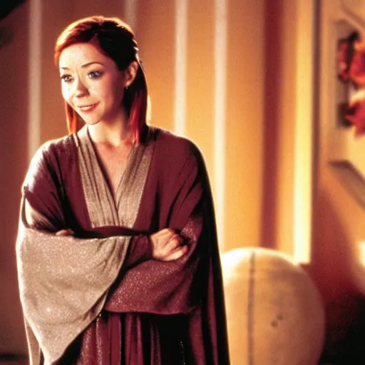 Image similar to Alyson Hannigan/Willow Rosenberg as Obi-Wan Kenobi from Star Wars, film still