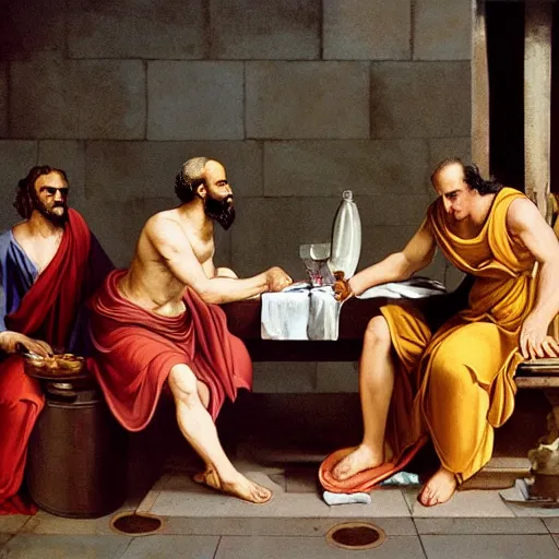 Prompt: hangover Plato with Socrates drinking wine,