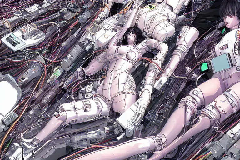 Image similar to a cyberpunk illustration of a group of female androids in style of hajime sorayama, lying on an abstract, empty, white floor with their body parts scattered around and cables and wires coming out, by katsuhiro otomo and masamune shirow, hyper-detailed, intricate, colorful, view from above, wide angle, close up, beautiful