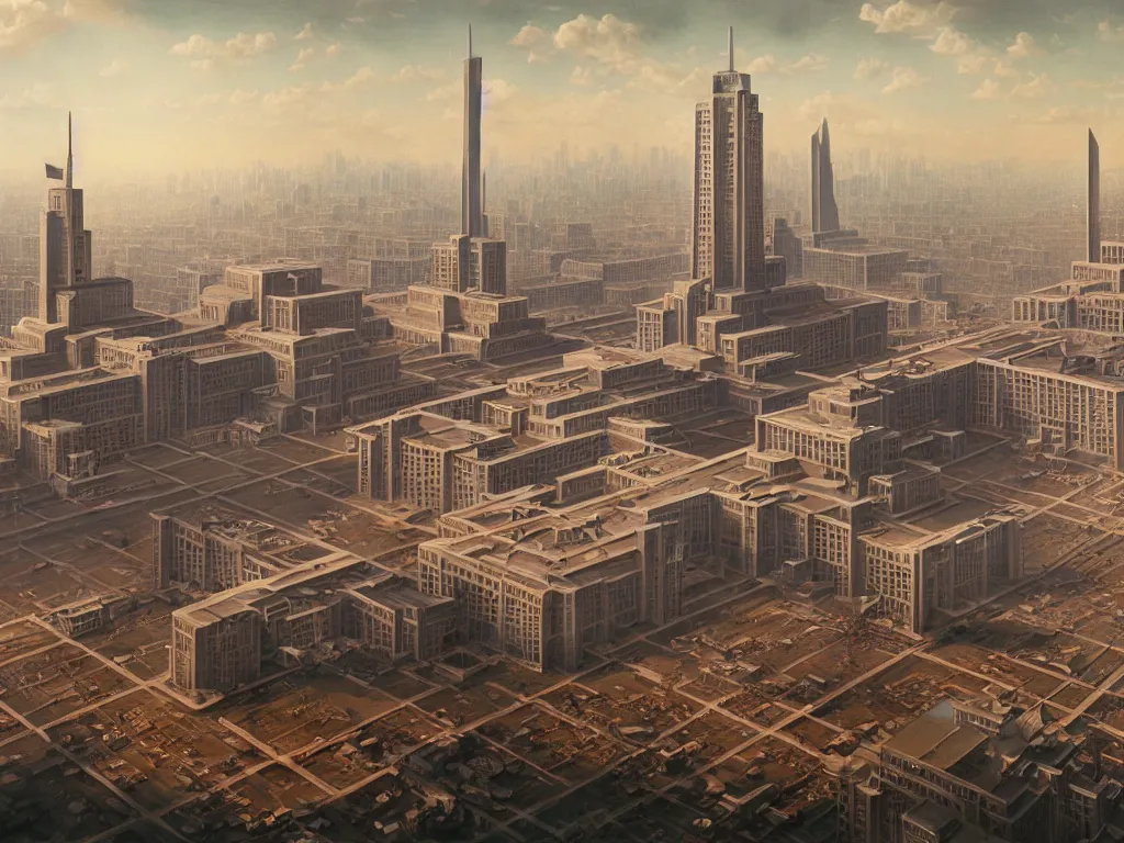 Prompt: matte painting by fan wennan. communist american future capitol shining in the sun after the triumph of socialism in america, hyperdetailed, cinematic, photorealistic, hyperrealism, masterpiece, grounded rectangular communist governmental architecture, statue, imposing, strength, abundance. american communist party. america 2 0 9 8