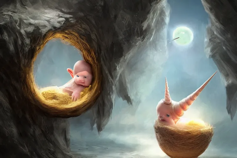 Prompt: a baby unicorn hatching out of a egg, matte painting, concept art, digital art, trending on artstation, 4 k, extremely detailed, realistic, fantasy art,