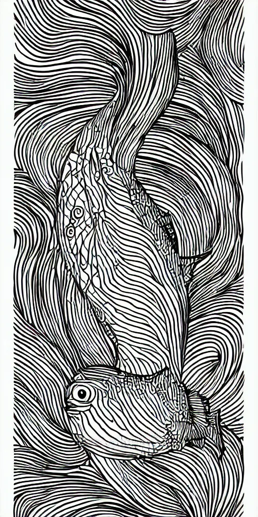 Image similar to illustration vector fine line art of a white fish on a full black background, very simple