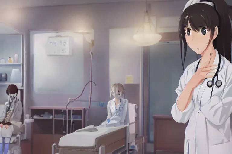 Image similar to a cute and beautiful young lady, a doctor wearing white coat in hospital ward, highly detailed, slice of life anime, anime scenery by Makoto shinkai