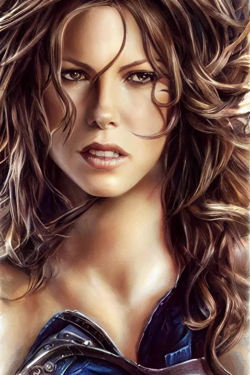 Prompt: Kate Beckinsale as a heroine in a t-shirt and jeans, intricate, elegant, highly detailed, centered, digital painting, artstation, concept art, smooth, sharp focus, illustration, art by artgerm and donato giancola and Joseph Christian Leyendecker, Ross Tran, WLOP