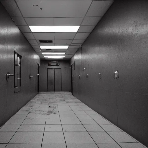 Prompt: public men's restroom with 5 0 0 urinals, dim lighting, scary, creepy, zombies on floor, blood, dream like, foggy, 8 k, 1 5 0 mp,