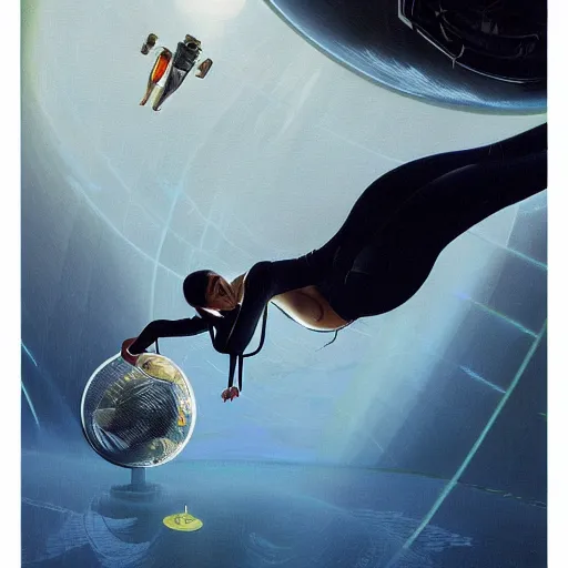 Image similar to portrait of a woman in flight suit plunging into an abyss, bubbles, currents, dyson sphere, wet reflections, prism, atmospheric, ambient, pj crook, syd mead, livia prima, artgerm, greg rutkowski, nick alm, casey baugh