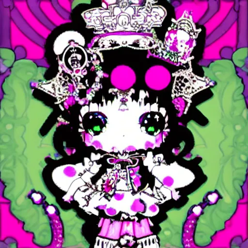Prompt: baroque bedazzled gothic royalty frames surrounding a pixelsort emo demonic horrorcore japanese beautiful jester decora moe doll, low quality sharpened graphics, remastered chromatic aberration, detailed maximalist sanrio art