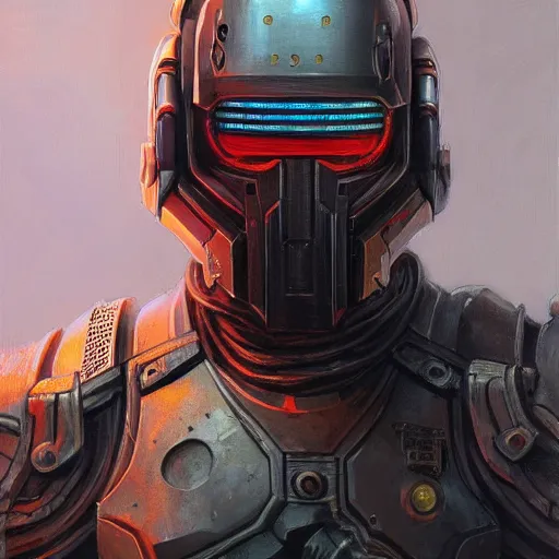 Image similar to the doomslayer as a realistic scifi cyberpunk knight, closeup portrait art by donato giancola and greg rutkowski, vintage retro scifi, realistic face, digital art, trending on artstation, symmetry!!!