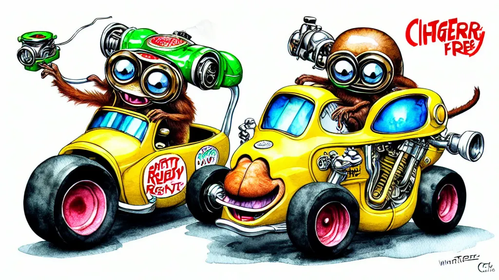 Prompt: cute and funny, tarsier wearing a helmet riding in a hot rod with oversized engine, ratfink style by ed roth, centered award winning watercolor pen illustration, isometric illustration by chihiro iwasaki, edited by range murata, tiny details by artgerm and watercolor girl, symmetrically isometrically centered