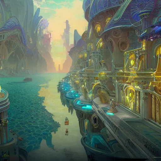 Prompt: a beautiful stunning fantasy matte digital painting of the cityscape of the underwater city of Atlantis, art nouveau architecture, vibrant color palette, establishing shot, cinematic, amazing depth, 8k resolution, by Alphonse Mucha and Tyler Edlin, trending on artstation hq, unreal engine 5